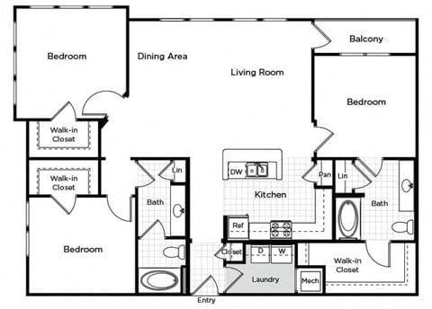 Floor plan for 3 beds, 2 baths, 1500 sqft